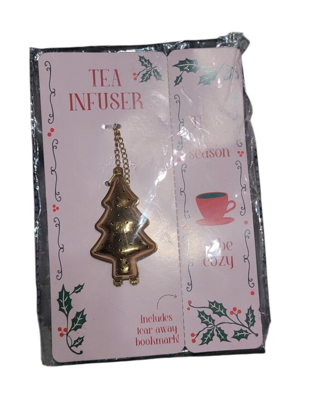 Golden Christmas Tree Shaped Tea Infuser With BOOKMARK Holiday Winter Theme NWT